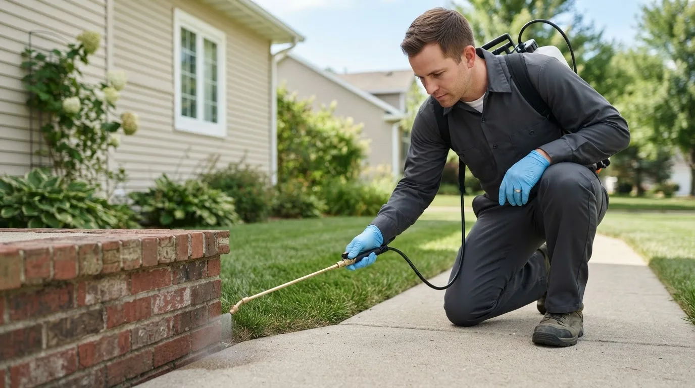 Pest control technician treating a home near Bock, MN