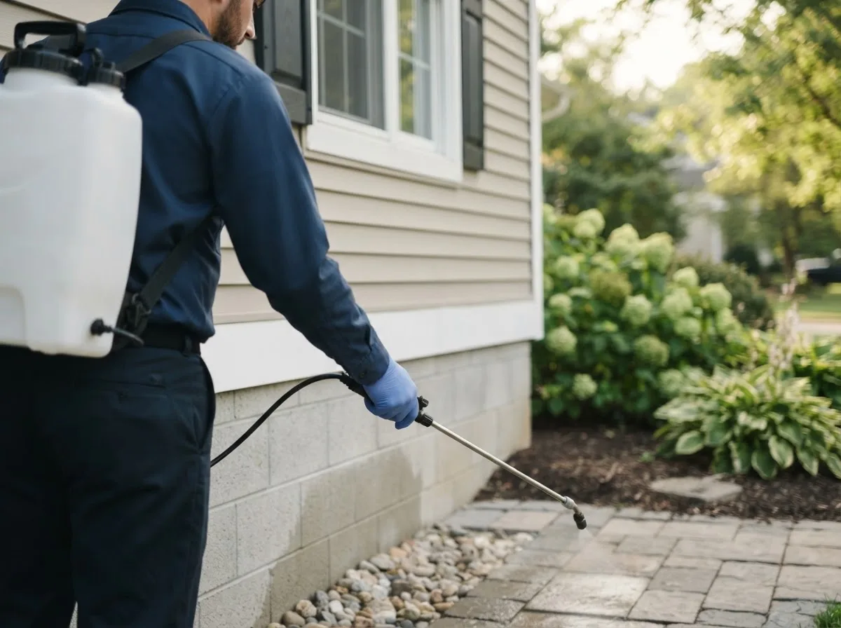 Pest control technician inspecting a home in Bock, MN